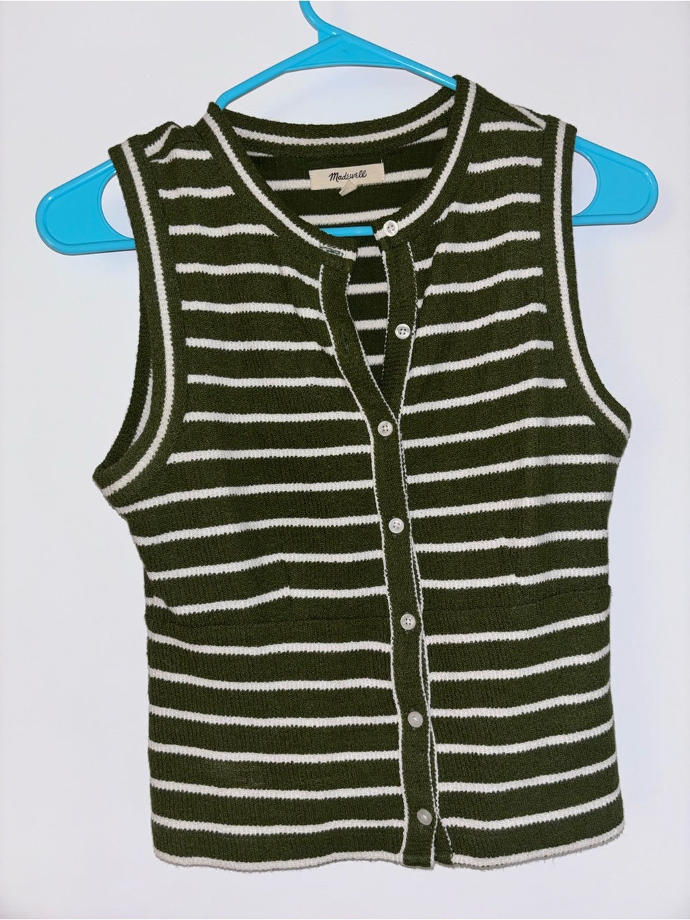 Madewell Olive & White Striped Knit Button-Down